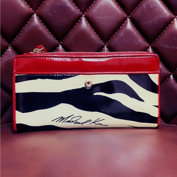 Michael Kors Tri Fold Signure Wallet Zebra & Red Patent Leather LIKE NEW - Picture 1 of 15